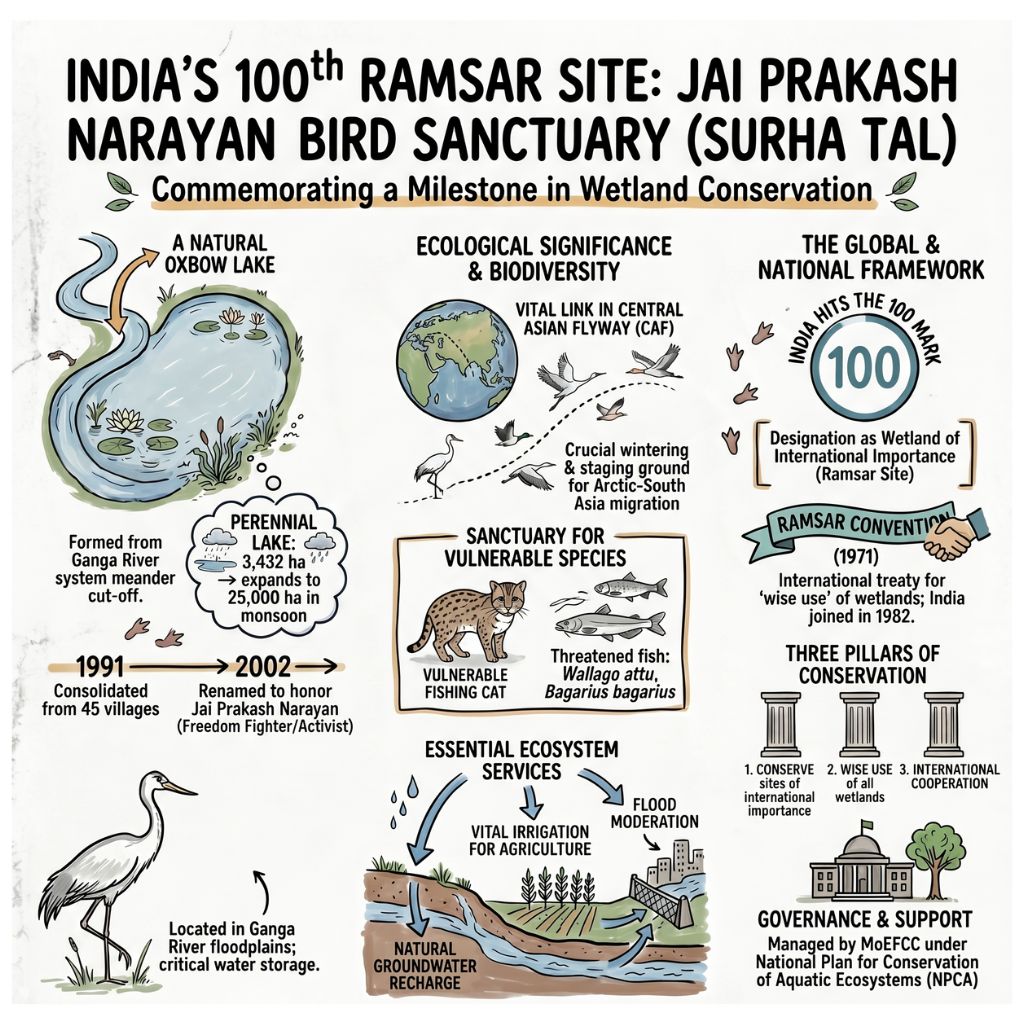 Jai Prakash Narayan Bird Sanctuary (Surha Tal) Becomes India’s 100th Ramsar Site