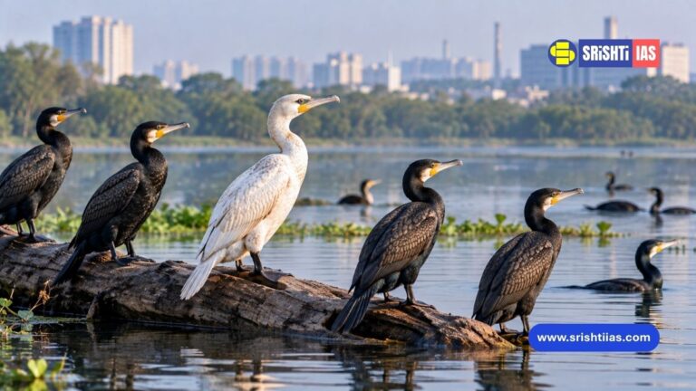 Leucistic Great Cormorant at Ameenpur Lake